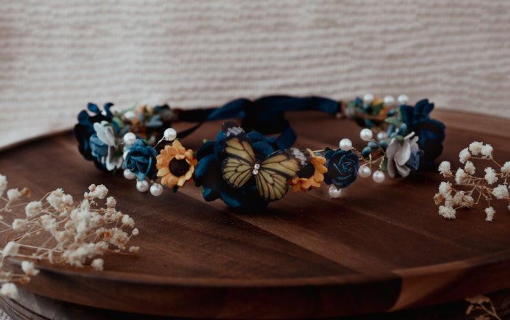 Handcrafted Dollywood Butterfly Sunflower and Navy Blue Flower Crown