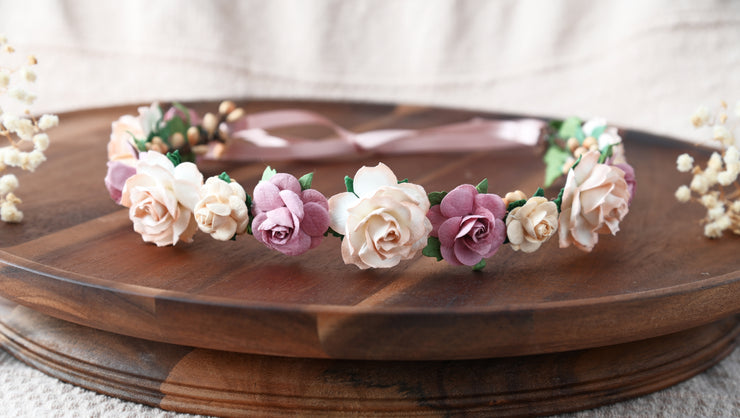 Handcrafted Boho Dusty Rose Blush and Irish Cream Flower Crown