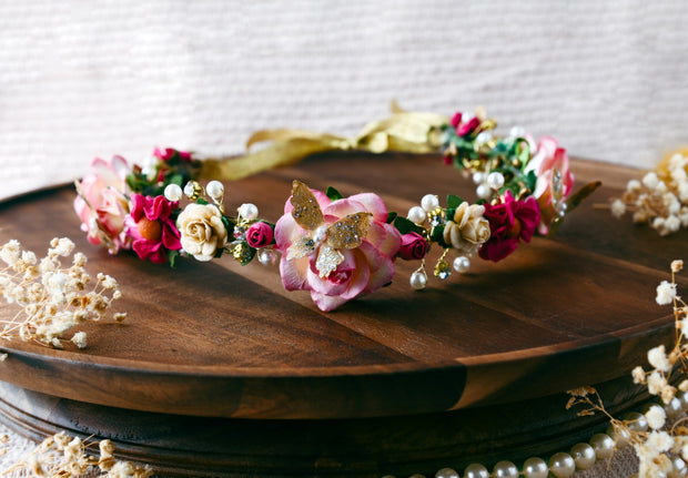 Pink and Gold Butterfly Flower Crown Dolly Parton Dollywood Handmade Headband Whimsical Grandma's Garden Vintage Style The Pearled Rose Wedding Pearl Fairy Costume