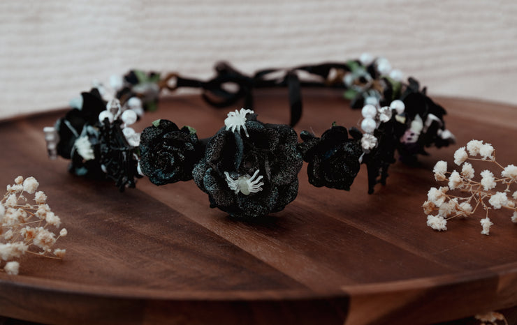 Glow In the Dark Halloween Gothic Goddess Headband Flower Crown Black Bats Spider Web Glitter Sparkle Floral Hair Accessory