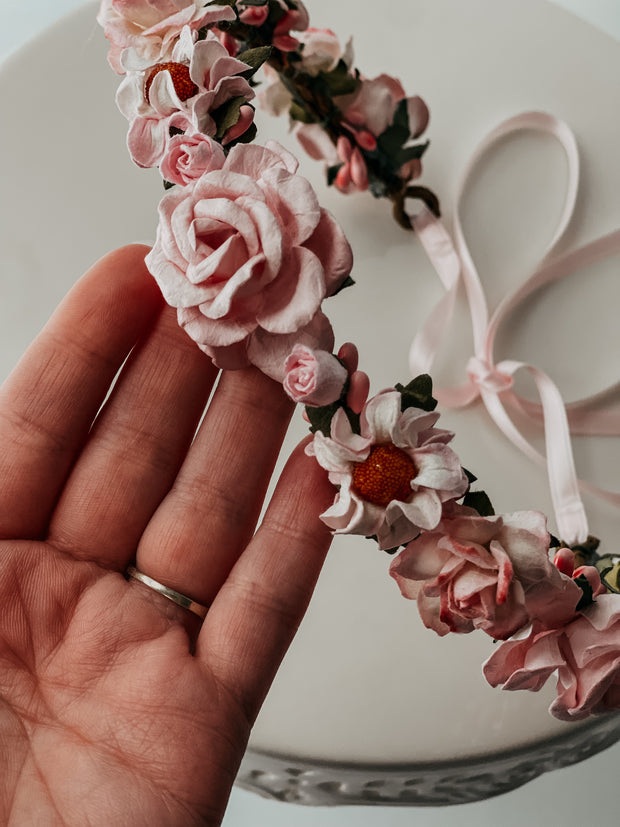 Handmade Pink Floral Headband Roses and Wildflowers Rose Colored Glasses The Pearled Rose Illuminating Darkness Flower Girl Wedding Vintage Boho Headband