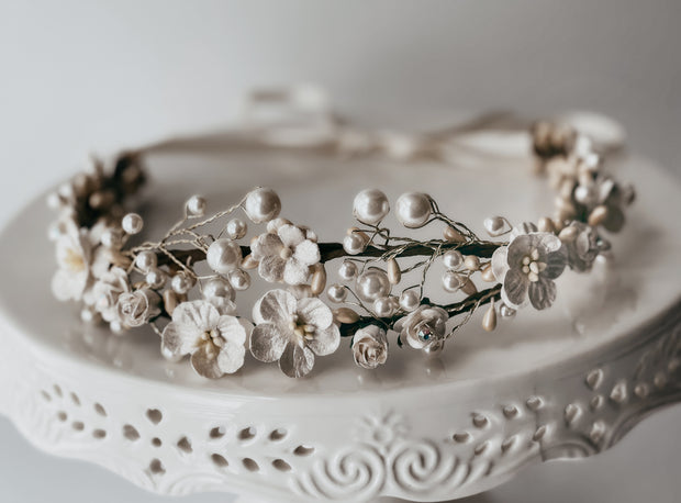 Bridal Statement Flower Headband Pearl Off White Cherry Blossom Wedding Crown Remember This Moment Taylor Swift