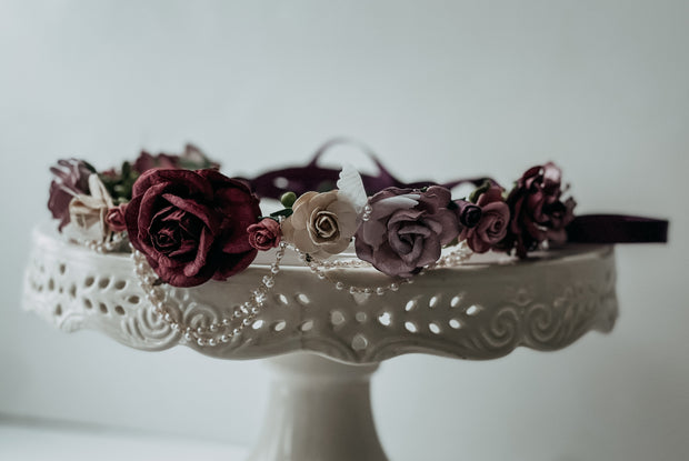 Handmade Vintage Fairytale Flower Headband Love Conquers All The Pearled Rose Purple Mauve Champagne White Butterflies Victorian Headband Bridal Wedding