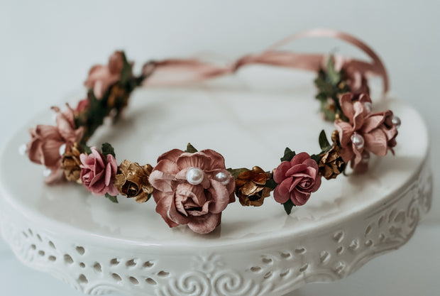 The Golden Rule Dusty Rose Mauve Gold Flower Headband Bridal Pearl Wedding Hair Accessory The Pearled Rose Handmade Wreath