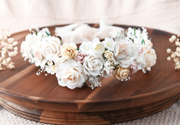 aurora bridal flower crown cream champagne blush pink white dried babys breath roses floral statement goddess hair accessory aurora rosselli the pearled rose crown her story