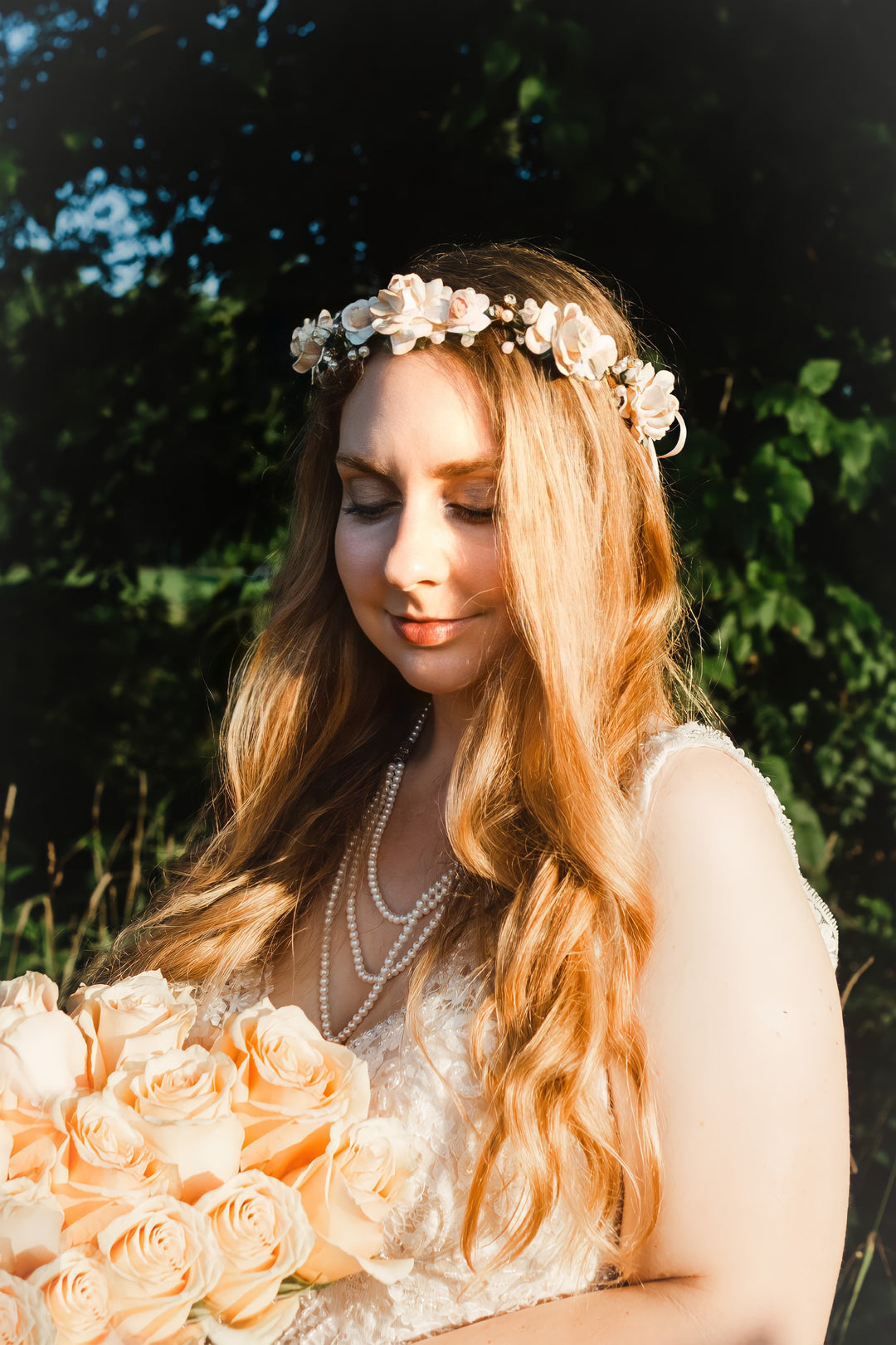 Handcrafted Beige Champagne and Blush Flower Crown, Bridal Floral Hair Accessory, Pearl Halo Rustic Flower Girl Tiara Small Wedding saving Headband